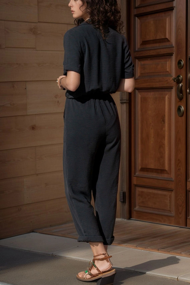 Black Jacket Collar Elastic Waist Airobin Jumpsuit BCBSK-25700-2622 - Salerno