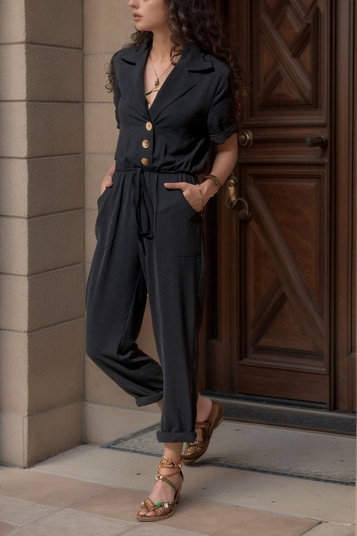 Black Jacket Collar Elastic Waist Airobin Jumpsuit BCBSK-25700-2622 - Salerno