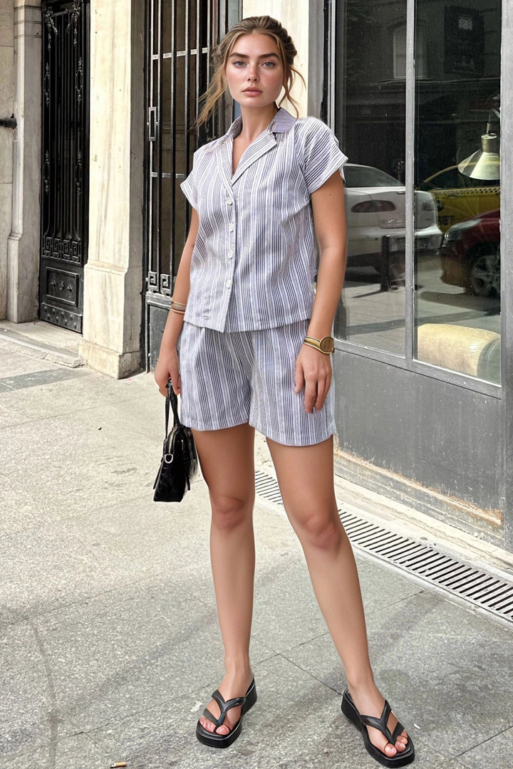 Black Jacket Collar Striped Pocket Elastic Waist Shirt Shorts Set BCBSK-25700-3625 - Lauderdale Lakes