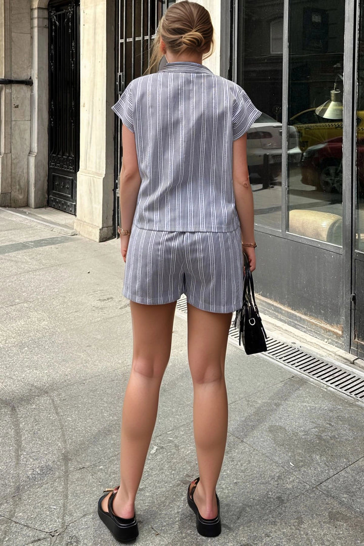 Black Jacket Collar Striped Pocket Elastic Waist Shirt Shorts Set BCBSK-25700-3625 - Lauderdale Lakes