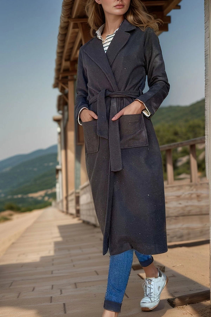 Black Jacket Collar Belted Pocketed Coat BCBSK-25700-3310 - Vendrell