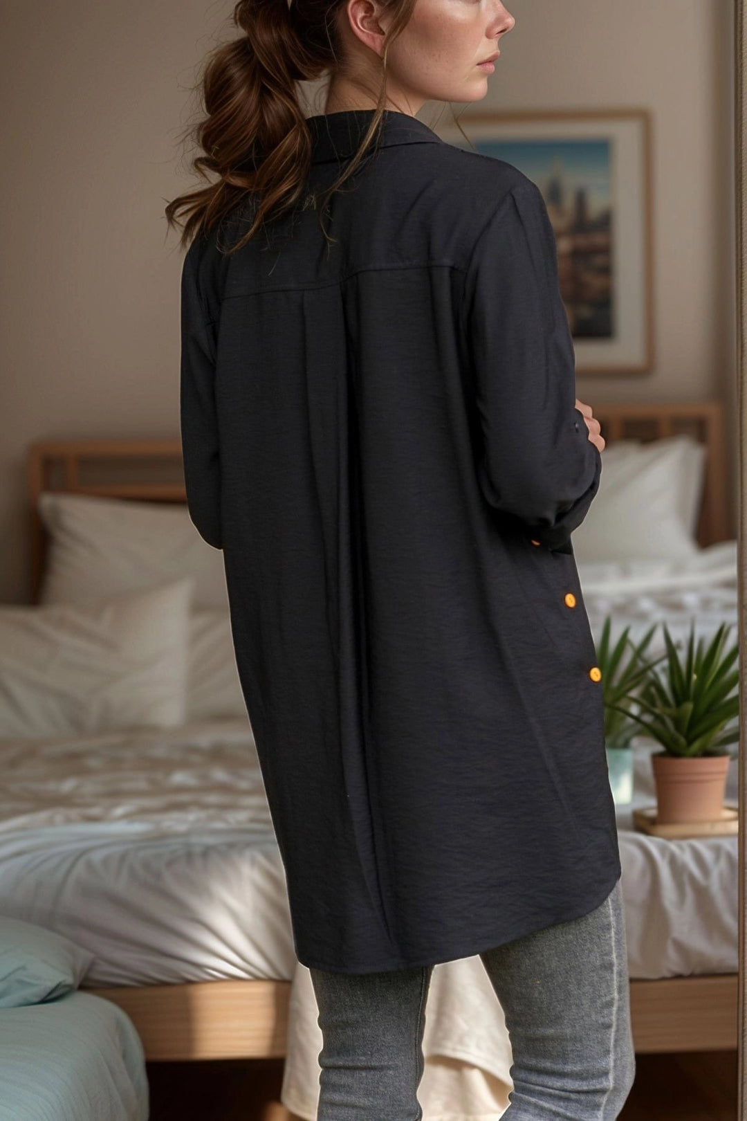Black Pockets Embroidered Oversized Comfort Fit Shirt BCBSK-25700-K6111 - Kamianske