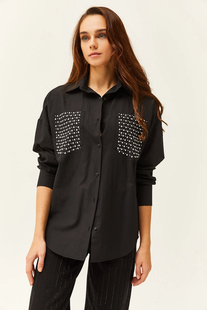 Black Pocket Stoned Oversized Shirt BCBSK-25700-K7626 - Miramar
