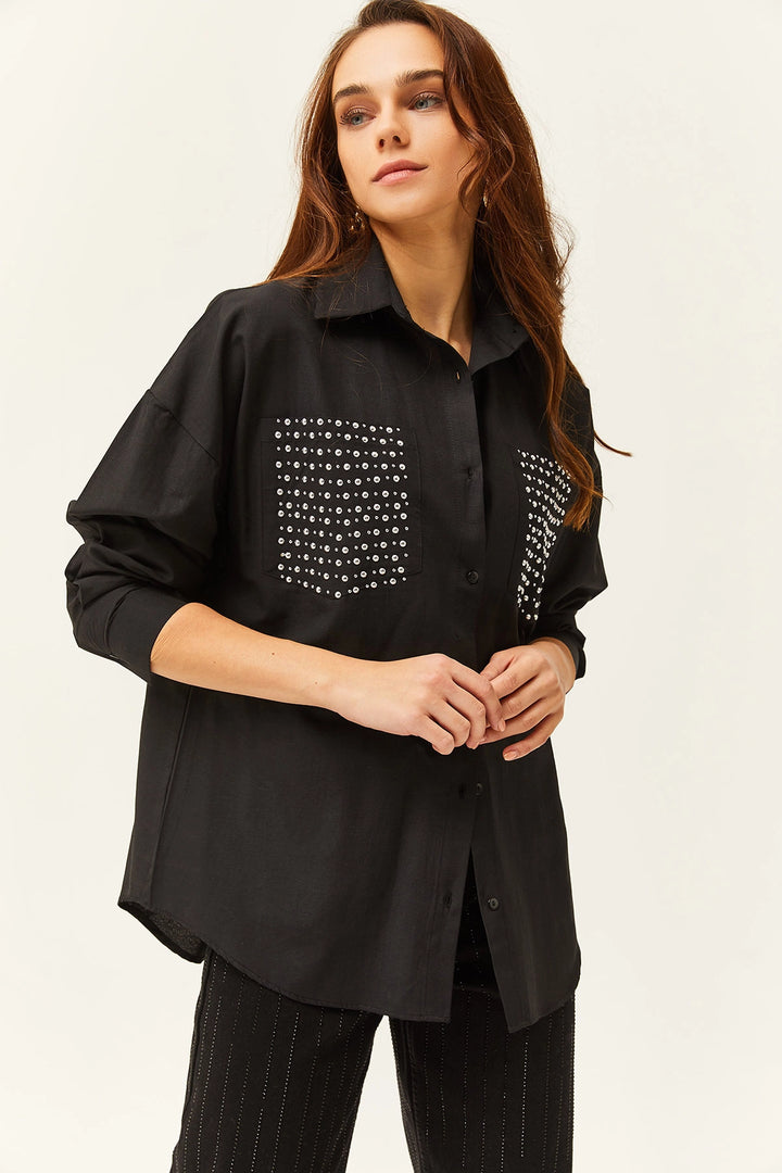 Black Pocket Stoned Oversized Shirt BCBSK-25700-K7626 - Miramar