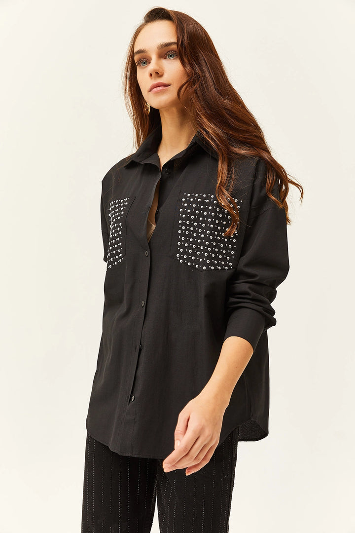 Black Pocket Stoned Oversized Shirt BCBSK-25700-K7626 - Miramar