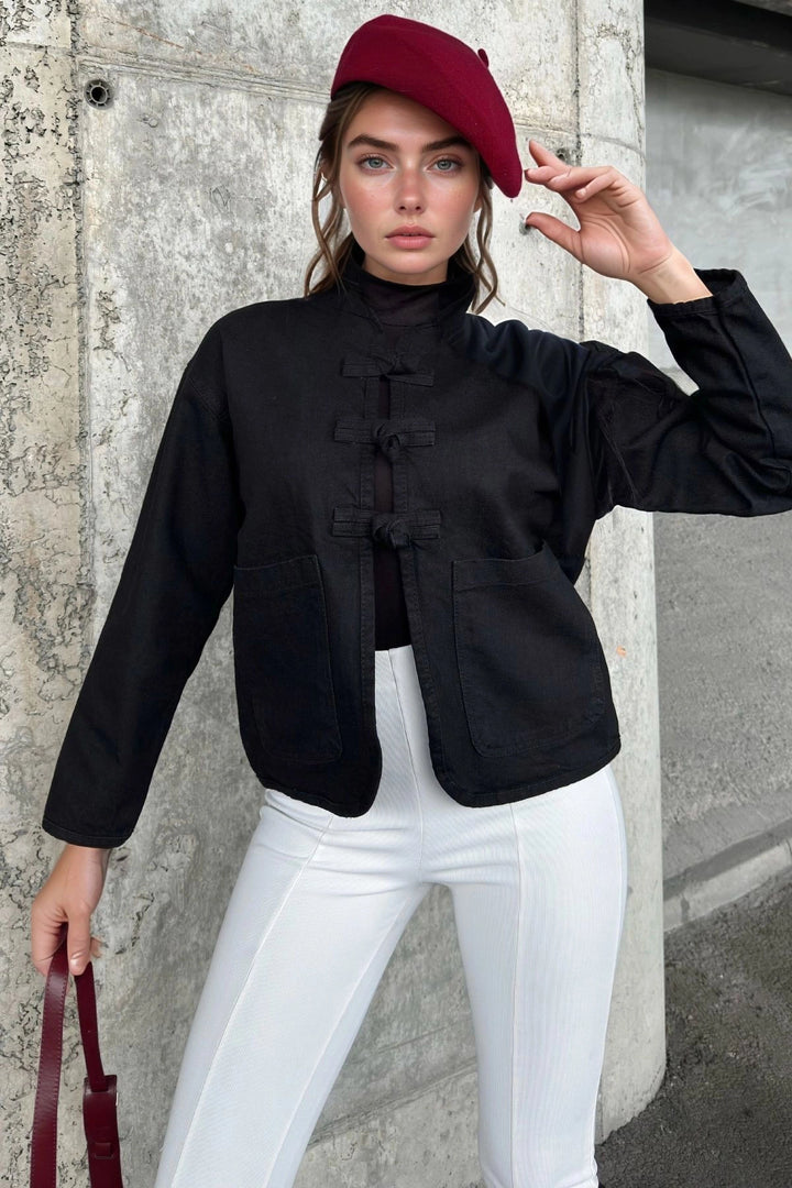 Black Pocketed Oversized Crop Denim Jacket BCBSK-25700-KT0002 - Foggia