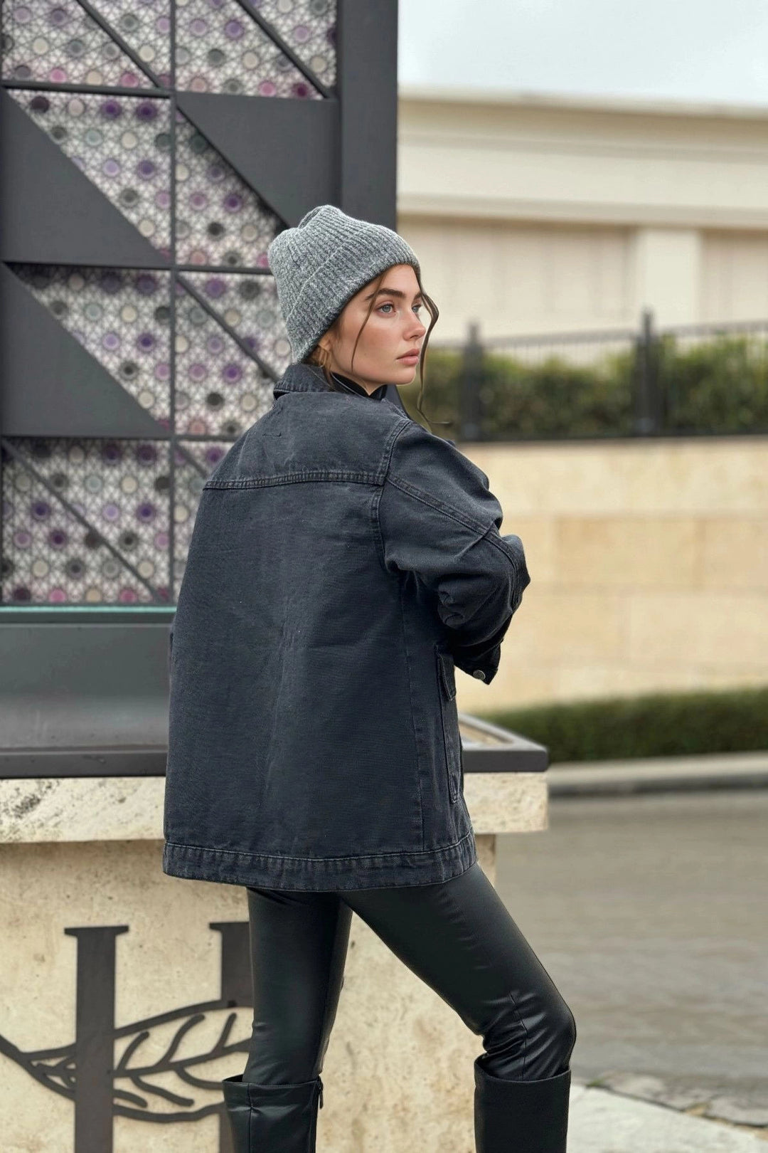 Black Pocketed Oversized Crop Denim Jacket BCBSK-25700-KT001 - Millcreek