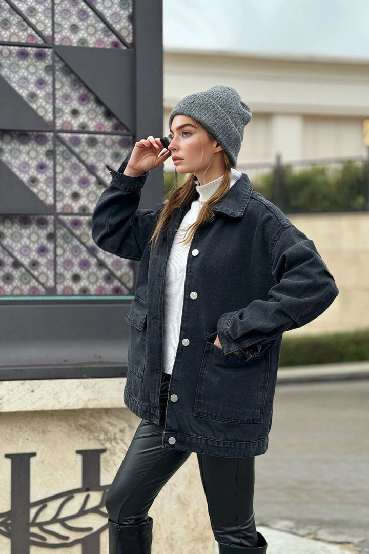 Black Pocketed Oversized Crop Denim Jacket BCBSK-25700-KT001 - Millcreek