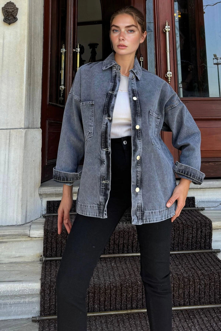 Black Pocketed Oversized Crop Denim Jacket BCBSK-25700-KT0089 - Tottenham