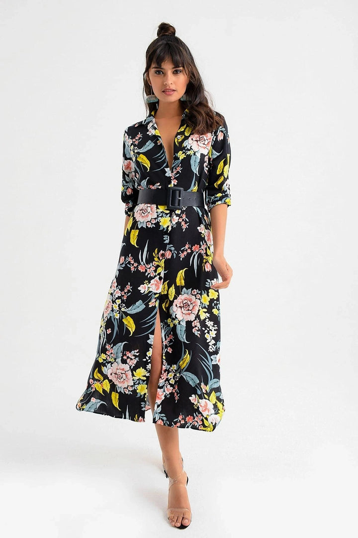 Black Flower Patterned Shirt Dress BCBSK-25700-K4037 - Mâcon