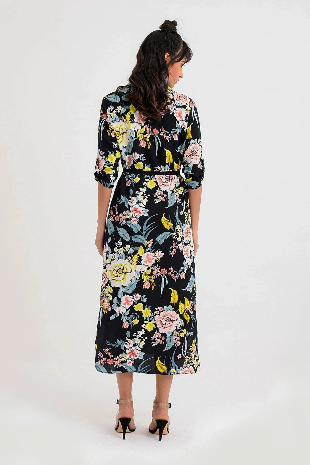 Black Flower Patterned Shirt Dress BCBSK-25700-K4037 - Mâcon