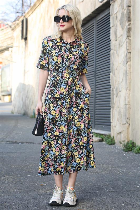 MDX Black Flower Patterned Shirt Collar Midi Dress MG1821 - Chalon-sur-Saône