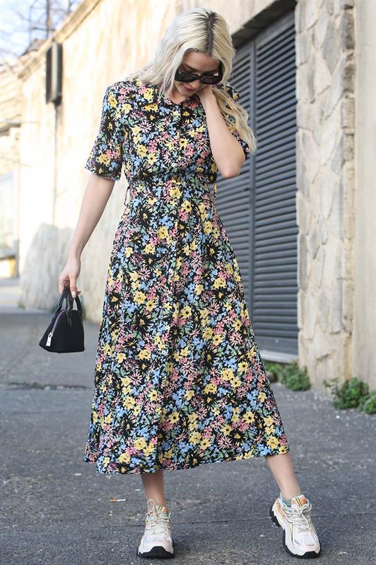 MDX Black Flower Patterned Shirt Collar Midi Dress MG1821 - Chalon-sur-Saône