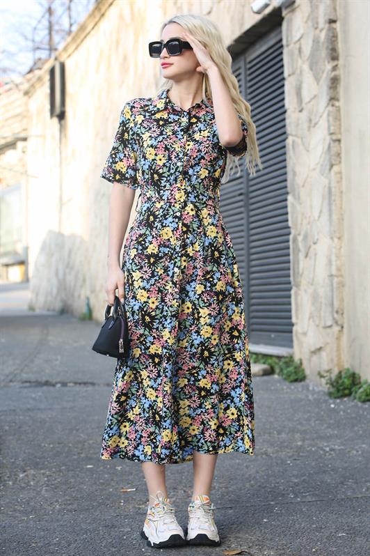 MDX Black Flower Patterned Shirt Collar Midi Dress MG1821 - Chalon-sur-Saône