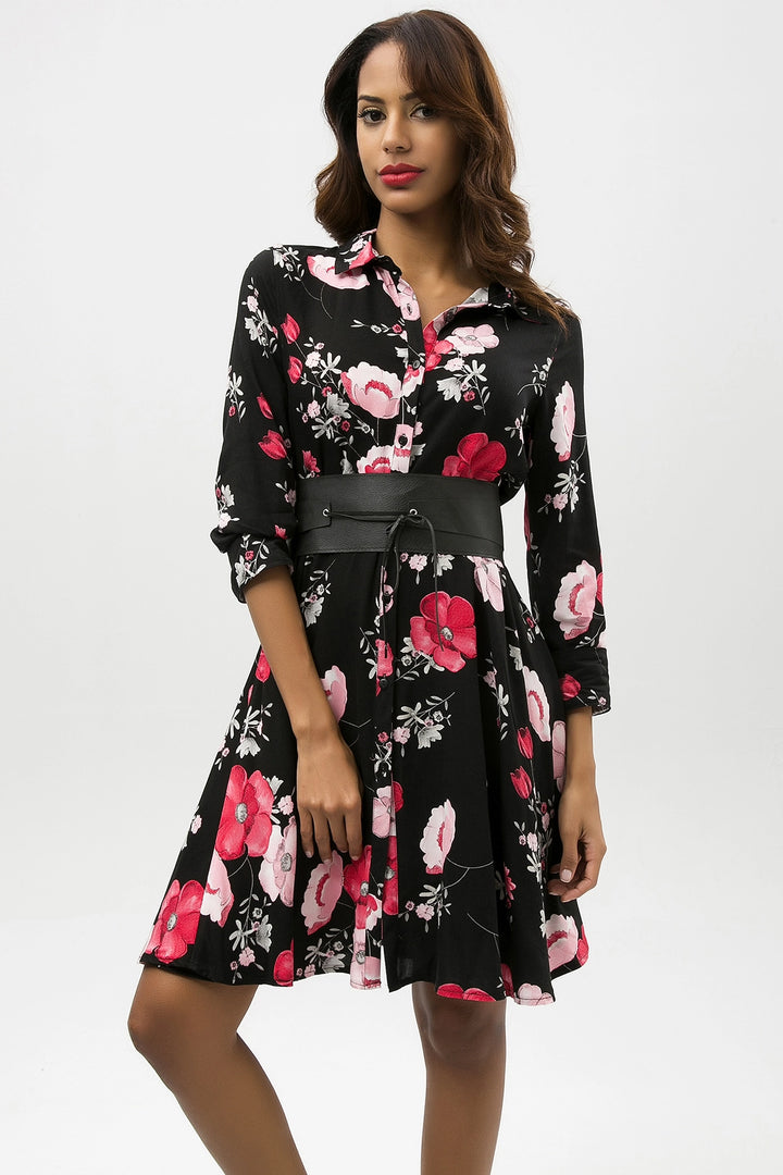 Black Flower Patterned Light Textured Shirt Dress BCBSK-25650-2164 - Pueblo