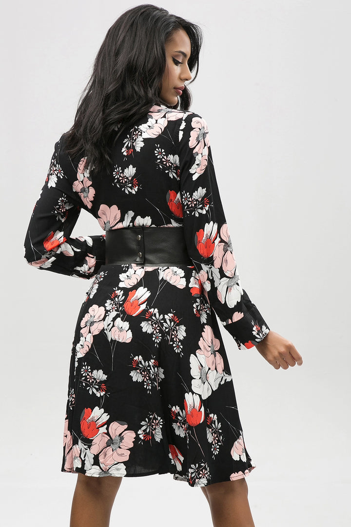 Black Flower Patterned Light Textured Shirt Dress BCBSK-25650-2164 - Pueblo