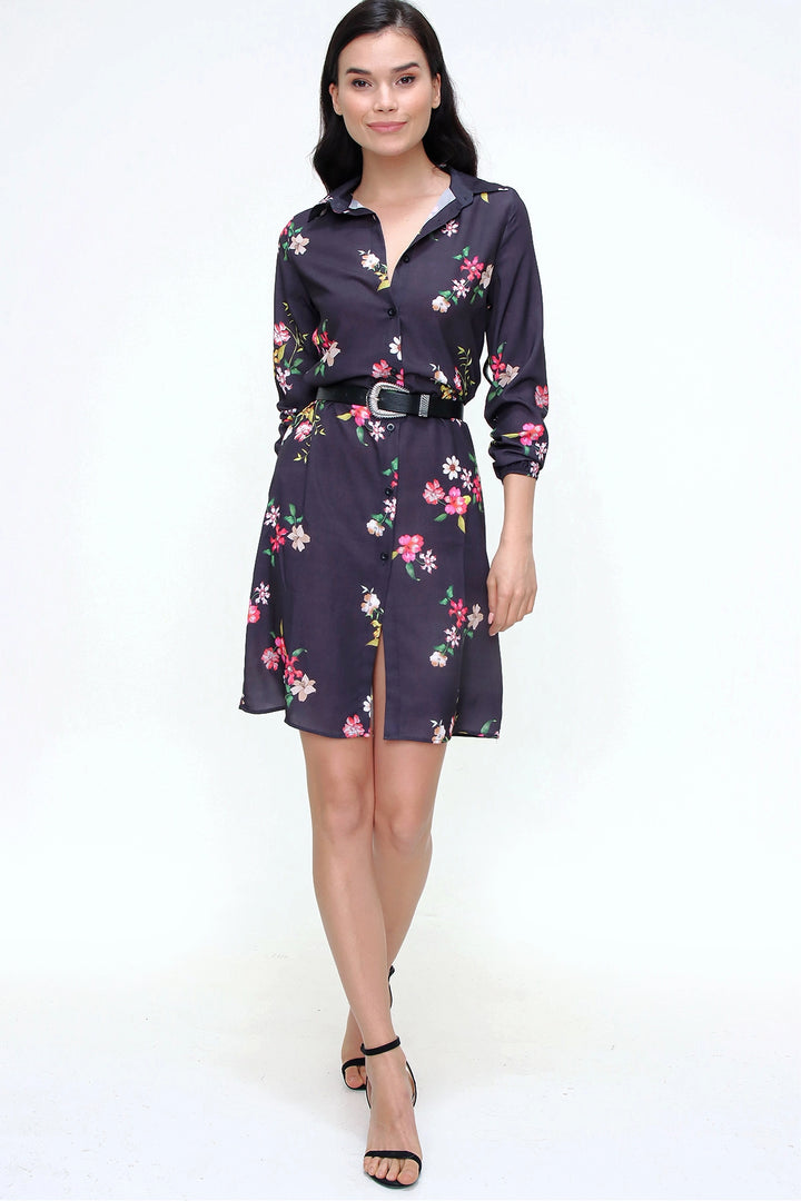 Black Flower Patterned Mini Dress BCBSK-25700-T4009-5180 - Coatepec