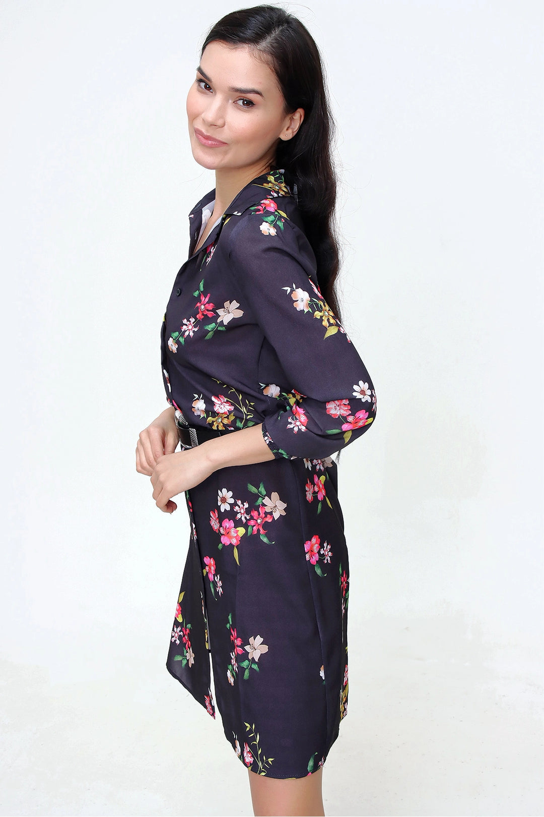 Black Flower Patterned Mini Dress BCBSK-25700-T4009-5180 - Coatepec