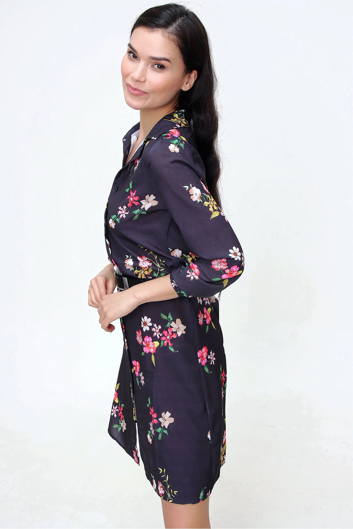Black Flower Patterned Mini Dress BCBSK-25700-T4009-5180 - Coatepec