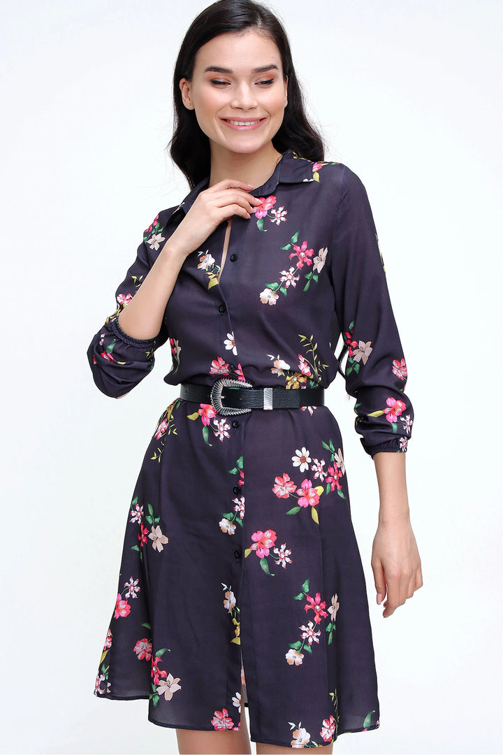 Black Flower Patterned Mini Dress BCBSK-25700-T4009-5180 - Coatepec