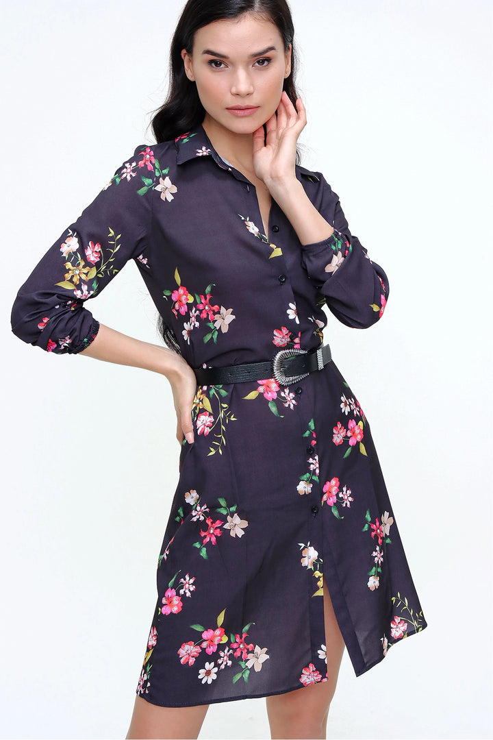 Black Flower Patterned Mini Dress BCBSK-25700-T4009-5180 - Coatepec