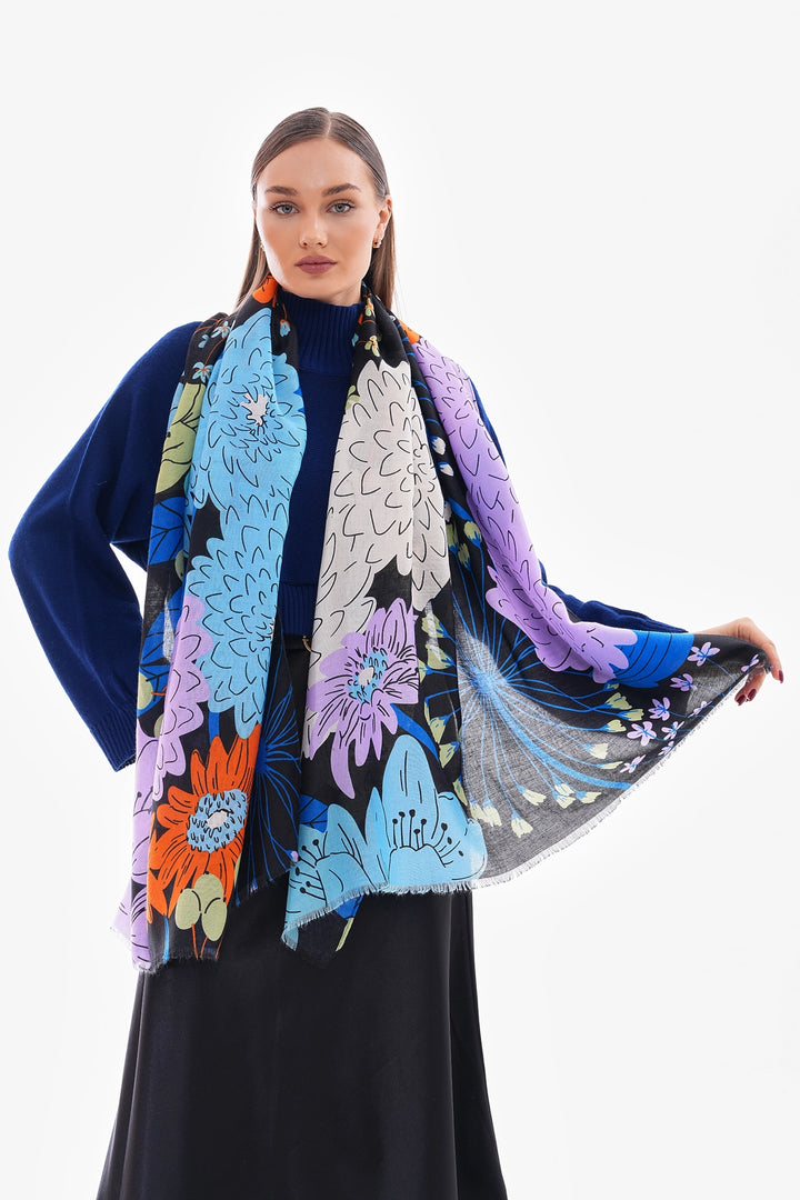Black Flower Patterned Shawl BCNSV-2515219 - Tbilisi