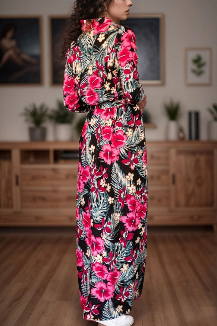 Black Flower Patterned Long Shirt Dress BCBSK-25700-2126 - Sutton Coldfield