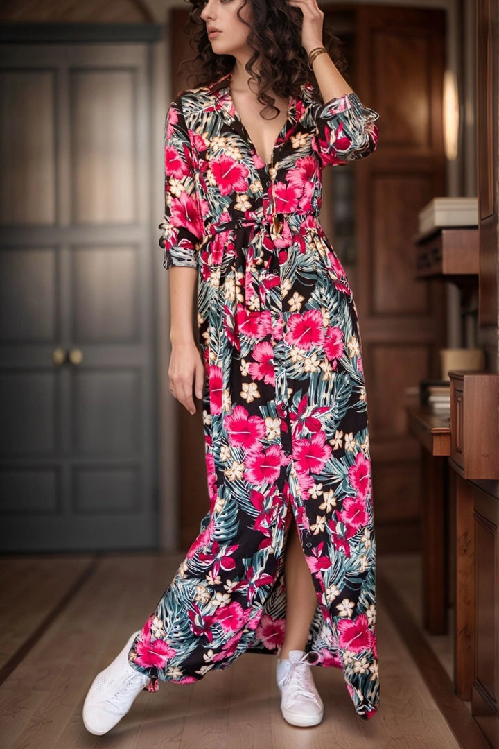 Black Flower Patterned Long Shirt Dress BCBSK-25700-2126 - Sutton Coldfield