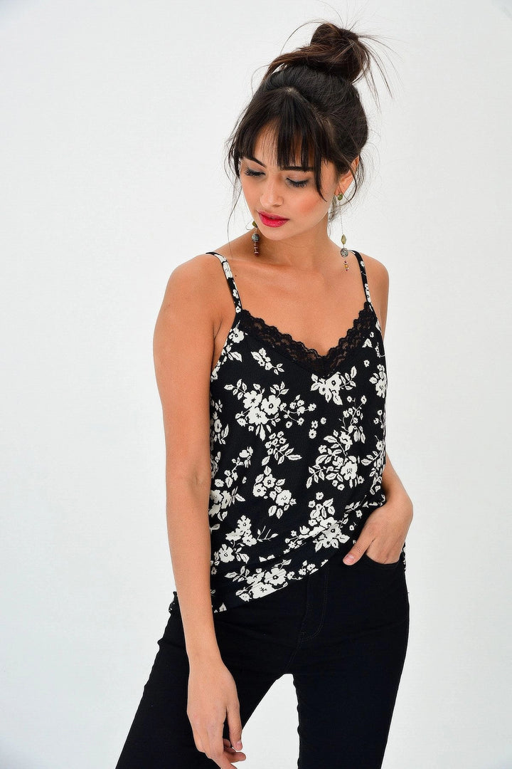 Black Flower Patterned Lace Strap Blouse BCBSK-25700-T4011400 - Chesterfield