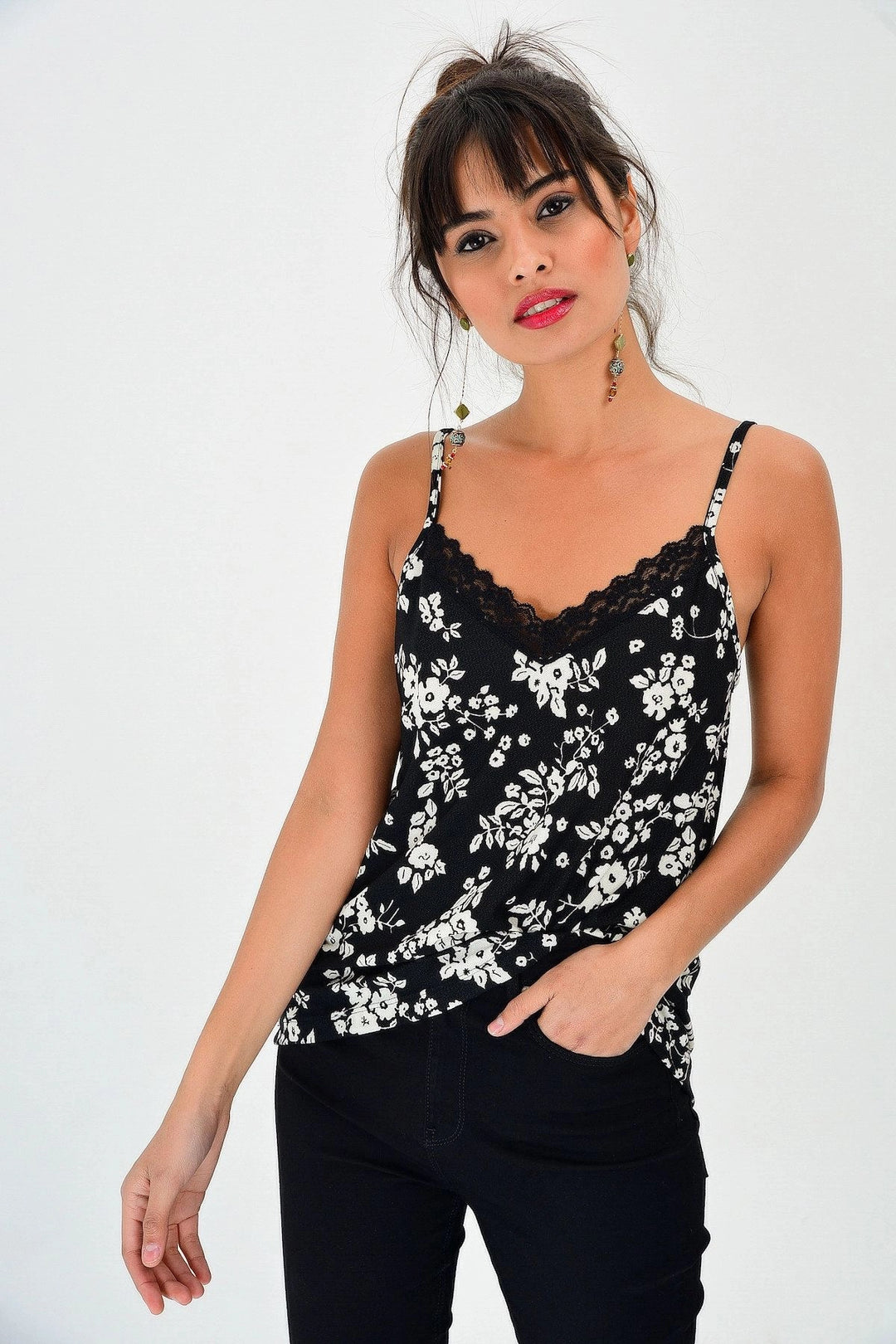 Black Flower Patterned Lace Strap Blouse BCBSK-25700-T4011400 - Chesterfield