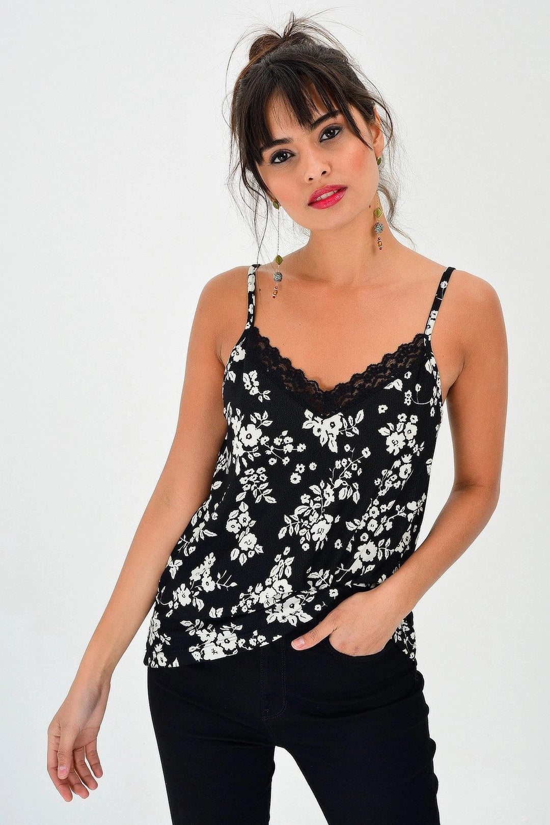 Black Flower Patterned Lace Strap Blouse BCBSK-25700-T4011400 - Chesterfield