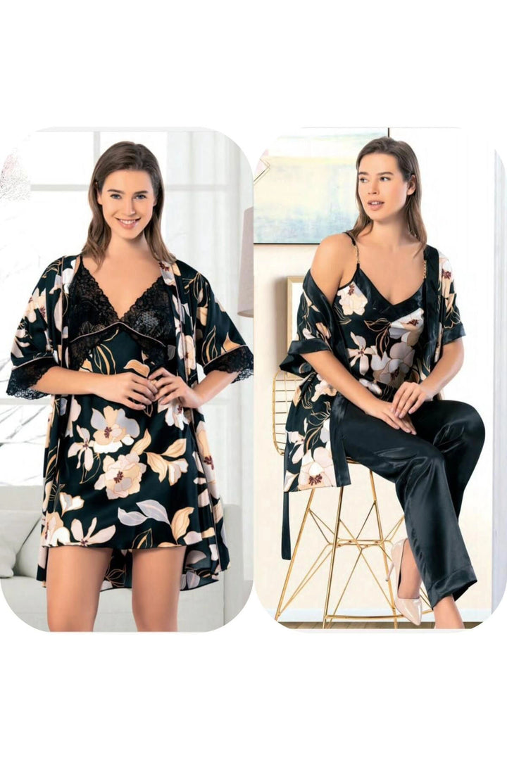 Black Flowered Satin Nightgown Robe Set Pajama Set 5 Piece Bridal Dowry Set BCAN-255FA - Leigh