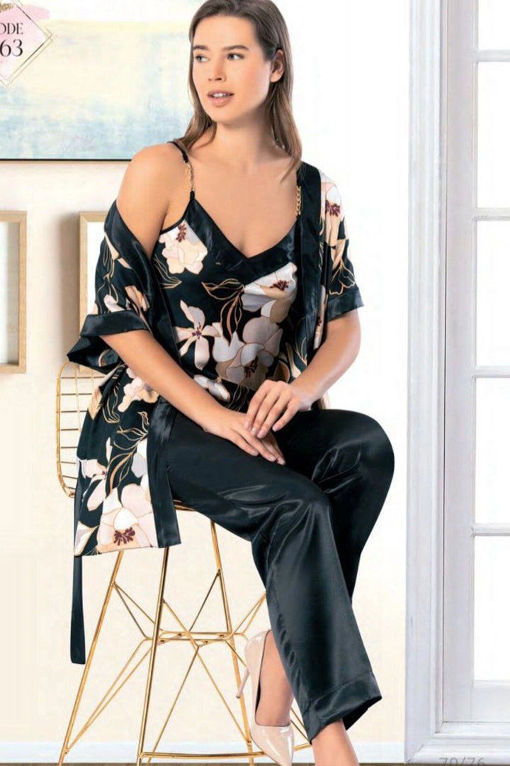 Black Flowered Satin Nightgown Robe Set Pajama Set 5 Piece Bridal Dowry Set BCAN-255FA - Leigh