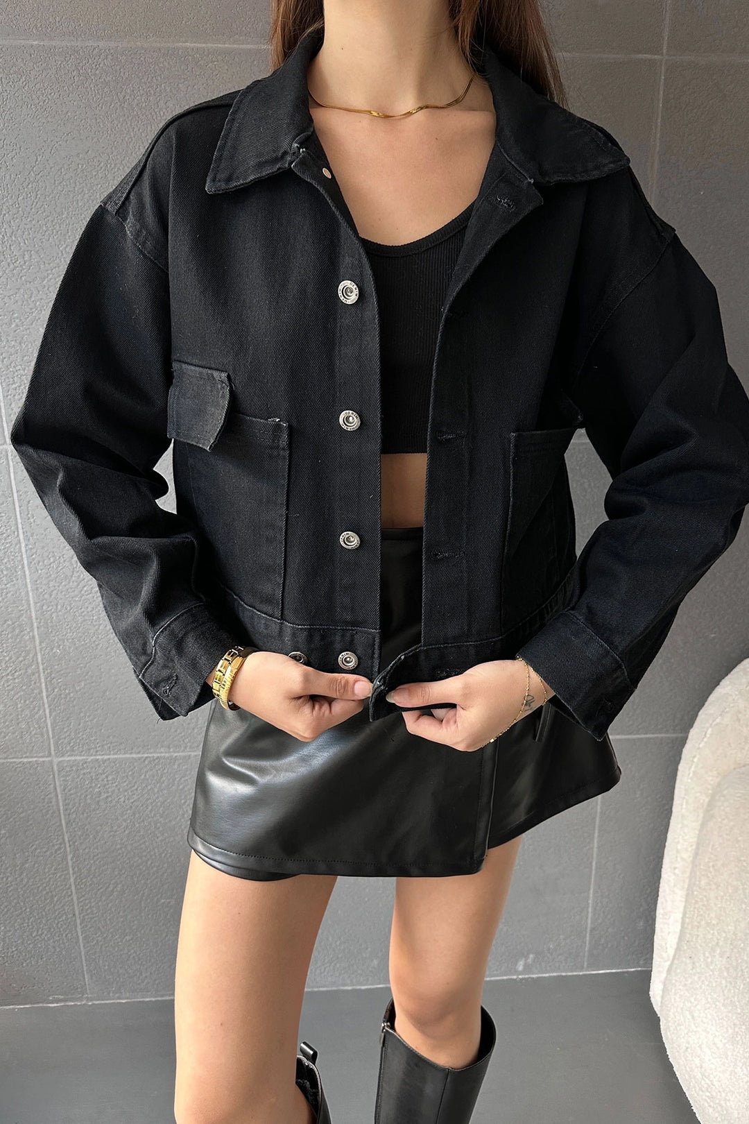 Black Double Pocket Button Detailed Denim Jacket BCDF-245416 - Boston