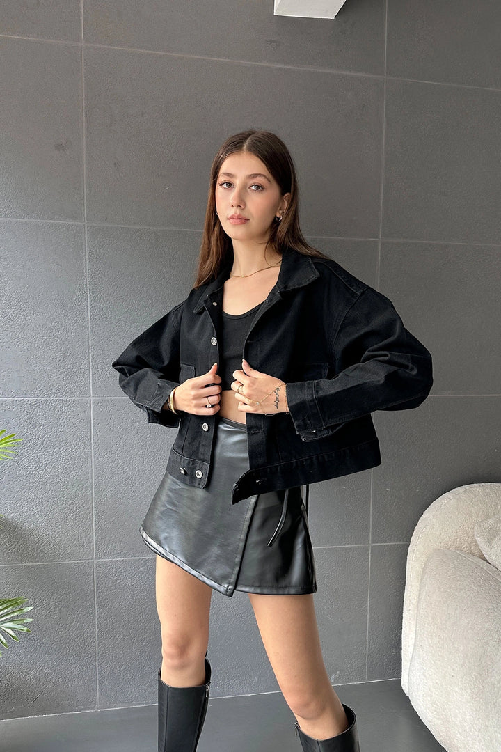 Black Double Pocket Button Detailed Denim Jacket BCDF-245416 - Boston