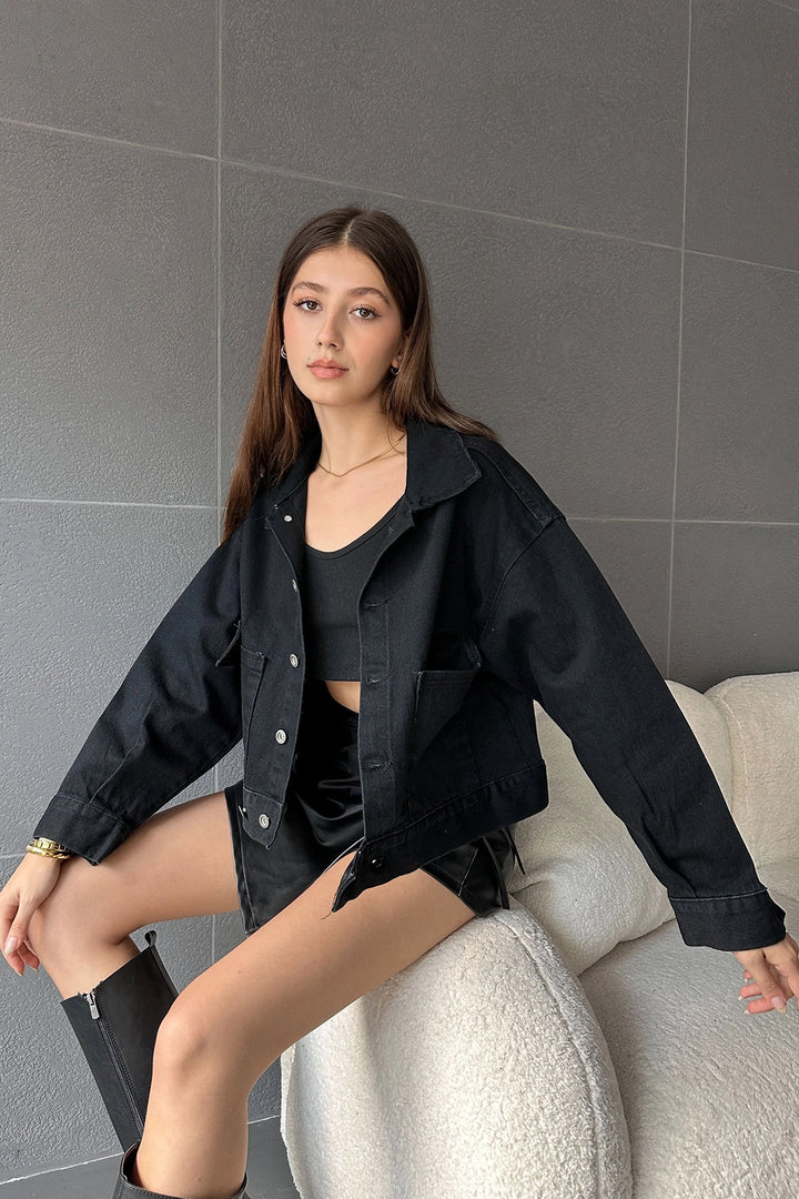 Black Double Pocket Button Detailed Denim Jacket BCDF-245416 - Boston