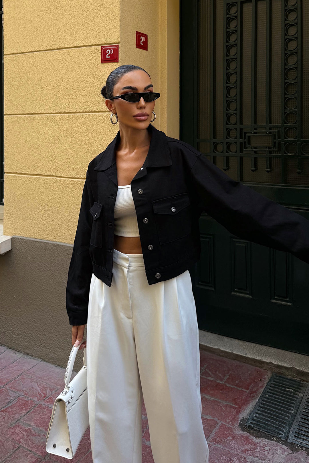 Black Double Pocket Denim Crop Jacket BCDF-255419 - Granadilla de Abona