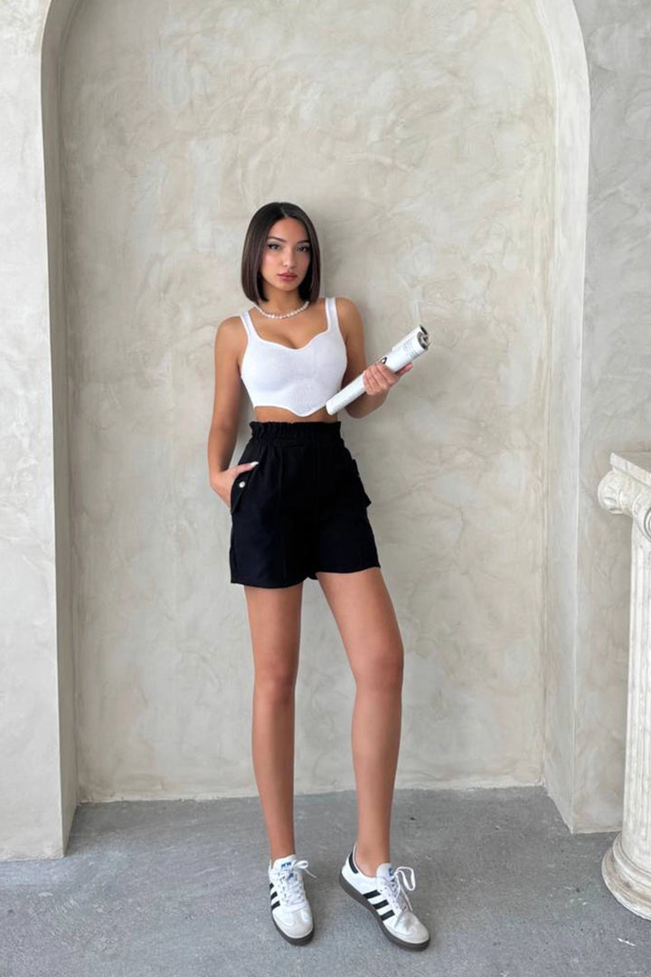 Black Double Pocket High Waist Ruffled Front Linen Shorts BCHN-2525834 - Winnipeg