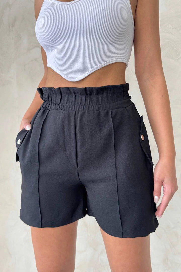 Black Double Pocket High Waist Ruffled Front Linen Shorts BCHN-2525834 - Winnipeg