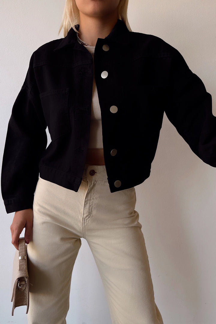 Black Double Pocket Crop Washed Denim Jacket BCDF-235401 - Whanganui