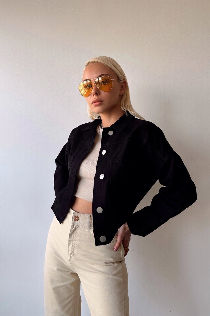 Black Double Pocket Crop Washed Denim Jacket BCDF-235401 - Whanganui