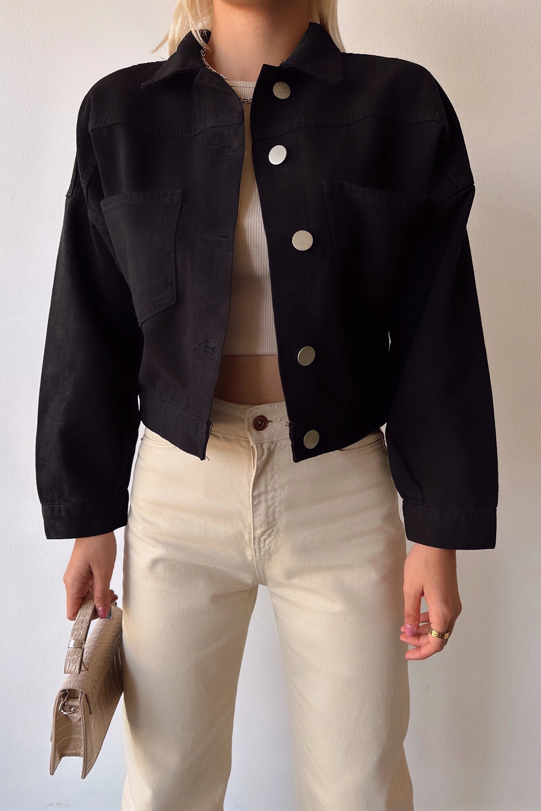 Black Double Pocket Crop Washed Denim Jacket BCDF-235401 - Whanganui