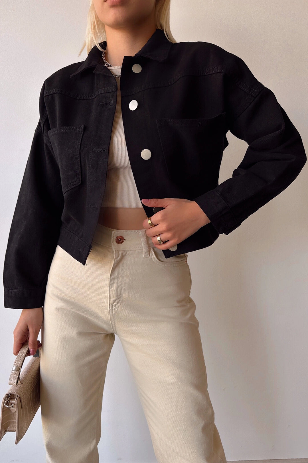 Black Double Pocket Crop Washed Denim Jacket BCDF-235401 - Whanganui