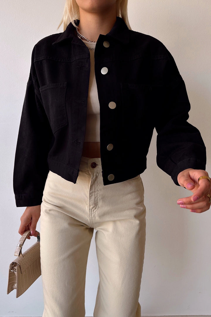 Black Double Pocket Crop Washed Denim Jacket BCDF-235401 - Whanganui