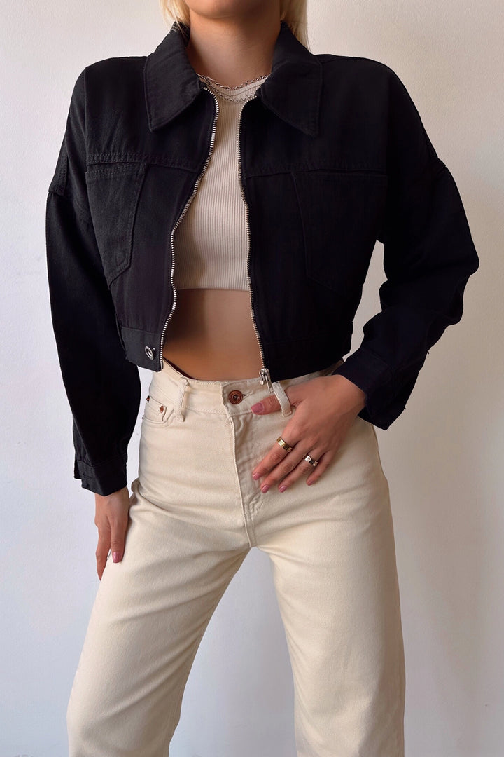 Black Double Pocket Zip Washed Crop Denim Jacket BCDF-235410 - Vigo