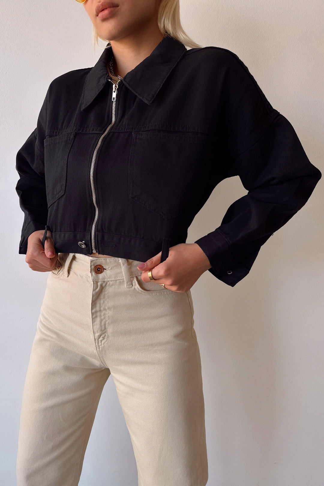Black Double Pocket Zip Washed Crop Denim Jacket BCDF-235410 - Vigo
