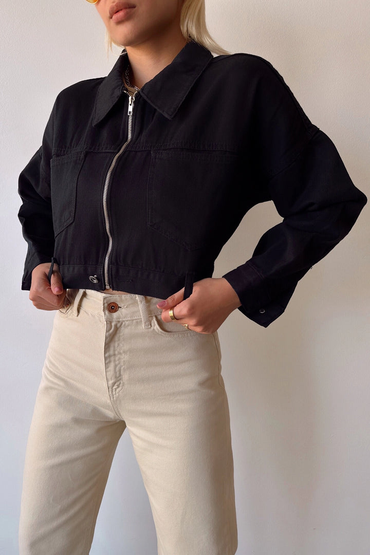 Black Double Pocket Zip Washed Crop Denim Jacket BCDF-235410 - Vigo