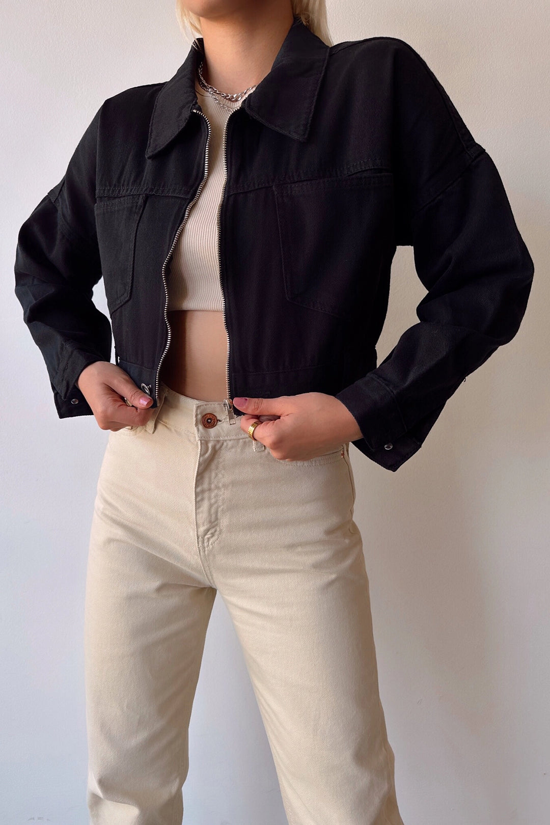 Black Double Pocket Zip Washed Crop Denim Jacket BCDF-235410 - Vigo