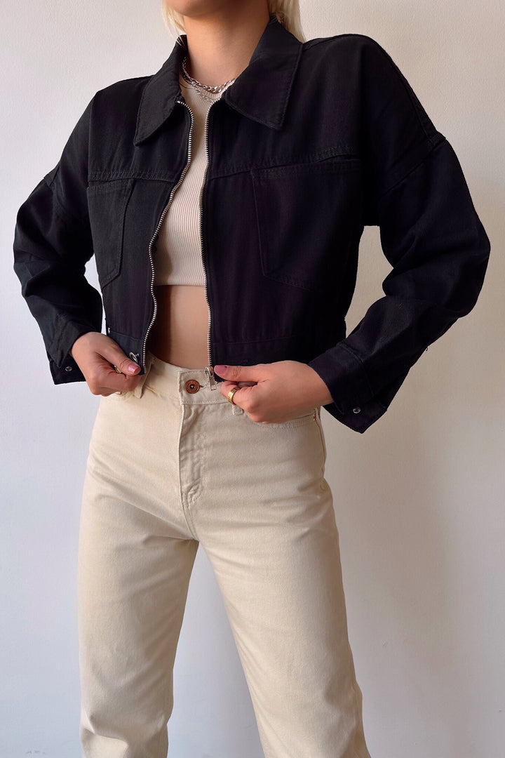 Black Double Pocket Zip Washed Crop Denim Jacket BCDF-235410 - Vigo