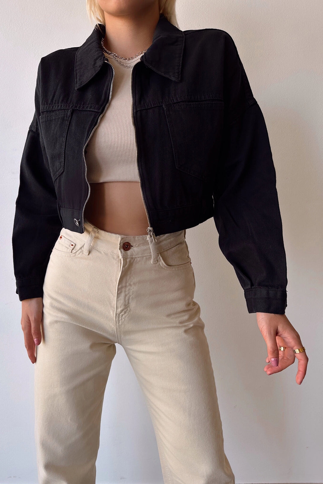 Black Double Pocket Zip Washed Crop Denim Jacket BCDF-235410 - Vigo
